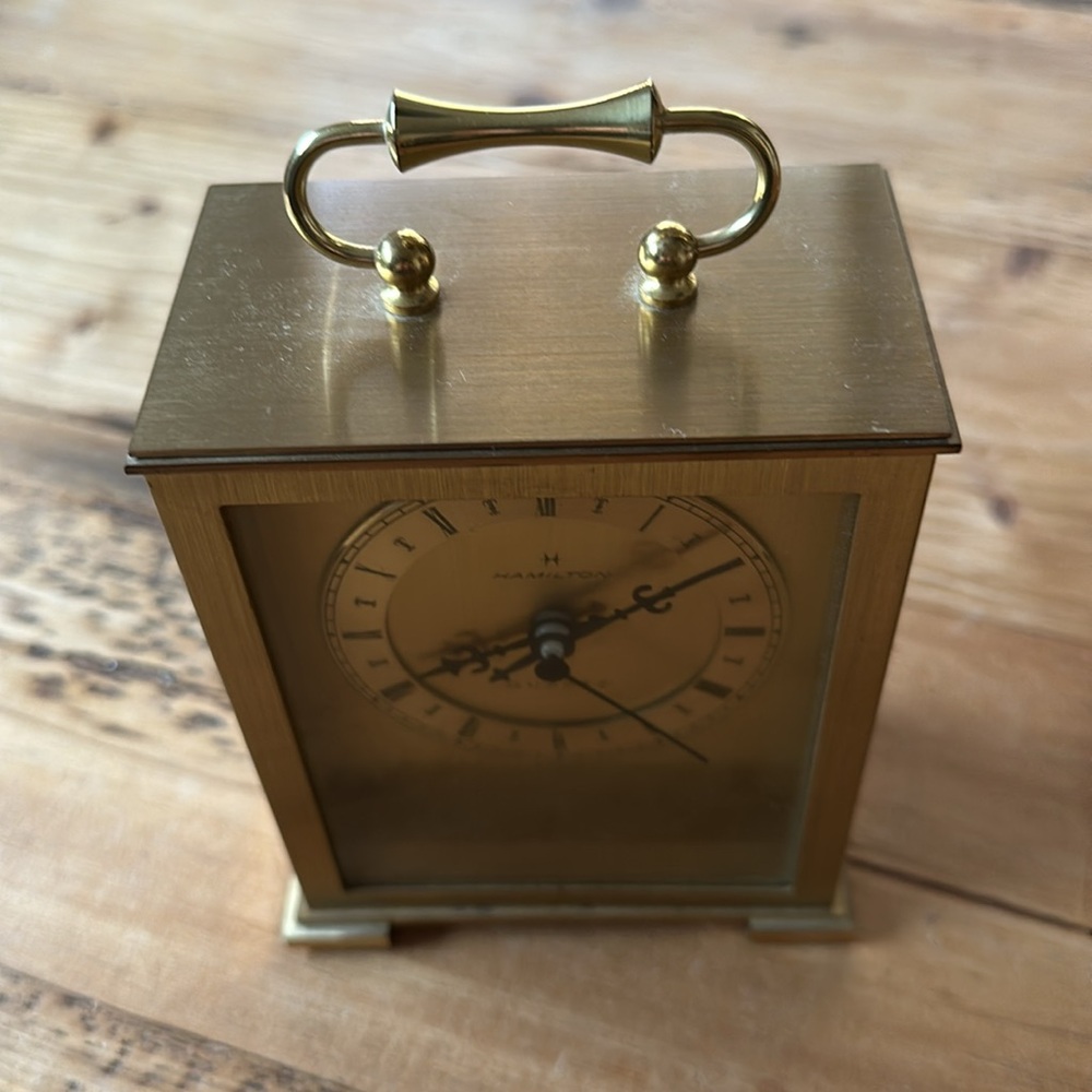 Vintage, German Hamilton Solid Brass Carriage Clock w/Handle Battery Operated